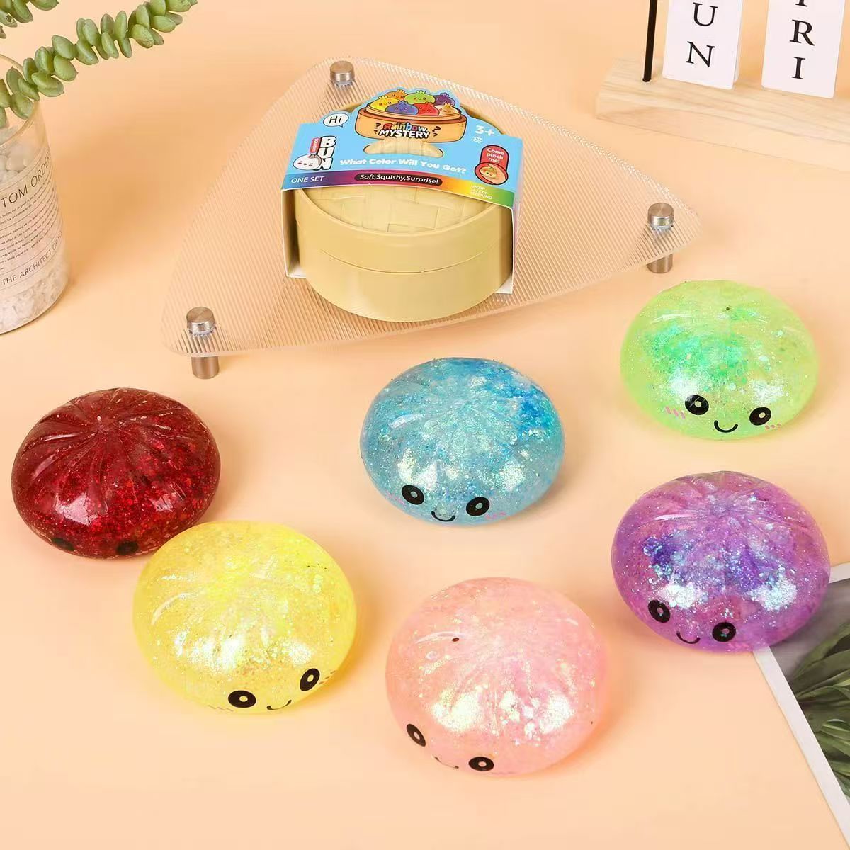 Crystal bun squishy toys, 6 in a box  Sold as a full box of 6, free shipping included.